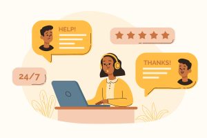 Esta imagem é uma ilustração de atendimento ao cliente 24/7. No centro, uma mulher com fones de ouvido está sentada em frente a um laptop, sorrindo enquanto trabalha. Ao redor dela, há balões de diálogo. Um deles, à esquerda, mostra um cliente pedindo "HELP!" (ajuda), com uma expressão preocupada. Outro balão, à direita, mostra um cliente agradecendo com "THANKS!" (obrigado) e um rosto feliz. No canto superior direito, há uma avaliação com cinco estrelas, indicando alta satisfação dos clientes. No canto inferior esquerdo, há um balão indicando "24/7", ressaltando a disponibilidade constante do atendimento.