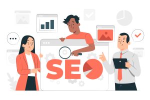 Esta imagem é uma ilustração de três pessoas discutindo estratégias de SEO (Search Engine Optimization). No centro da imagem, um homem está debruçado sobre um grande painel que exibe a palavra "SEO" em letras grandes e vermelhas, junto com gráficos e ícones relacionados à otimização de mecanismos de busca. À esquerda, uma mulher está apontando para o painel, enquanto à direita, um homem de terno está segurando um tablet e fazendo anotações ou apresentando algo. Ao fundo, há gráficos de barras, círculos e outros elementos visuais que representam análise de dados e desempenho.